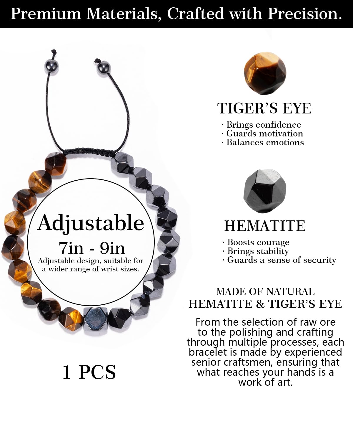 Beaded Bracelet for Men, 10mm Natural Stones Bracelet for Men's Gift, Adjustable Precision-Cut Gemstone Crystal Healing Bracelet, Protection Jewelry Gift with Hematite, Tiger Eye (Tiger Eye & Hematite)