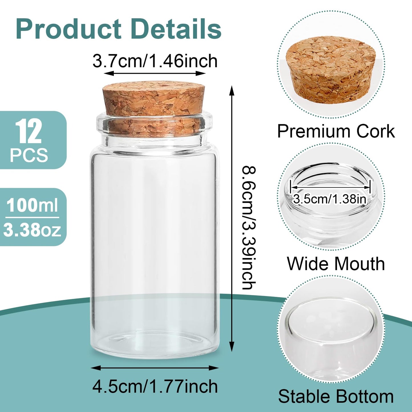 Acetiti 12 Pcs 100ml Mini Glass Bottles, Small Glass Jars with Cork Stoppers Lids, Empty Spell Jars Miniature Potion Bottles Message Wishing Bottle for Wedding Party Favours DIY Crafts Decoration