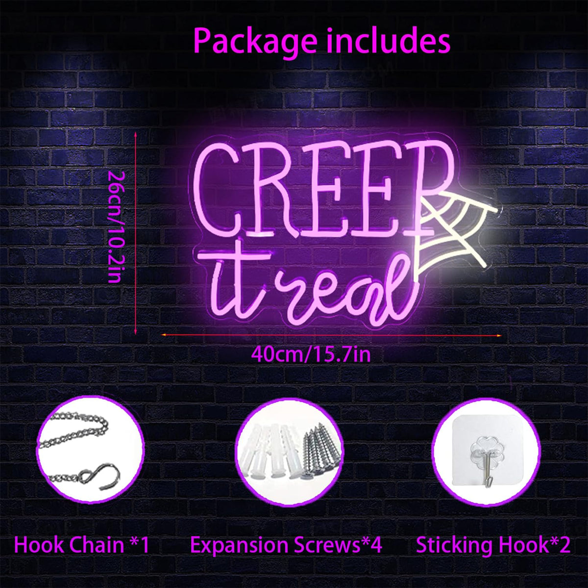 Creep It Real Halloween Neon Sign with Ghost & Spider Web - Spooky Party Decor