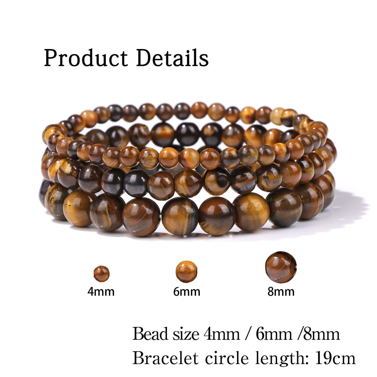 Risyfjew 3 PCS Natural Stone Beaded Stretch Bracelet 4mm 6mm 8mm Healing Crystal Bracelets Women Tiger Eye Jewelry Gift