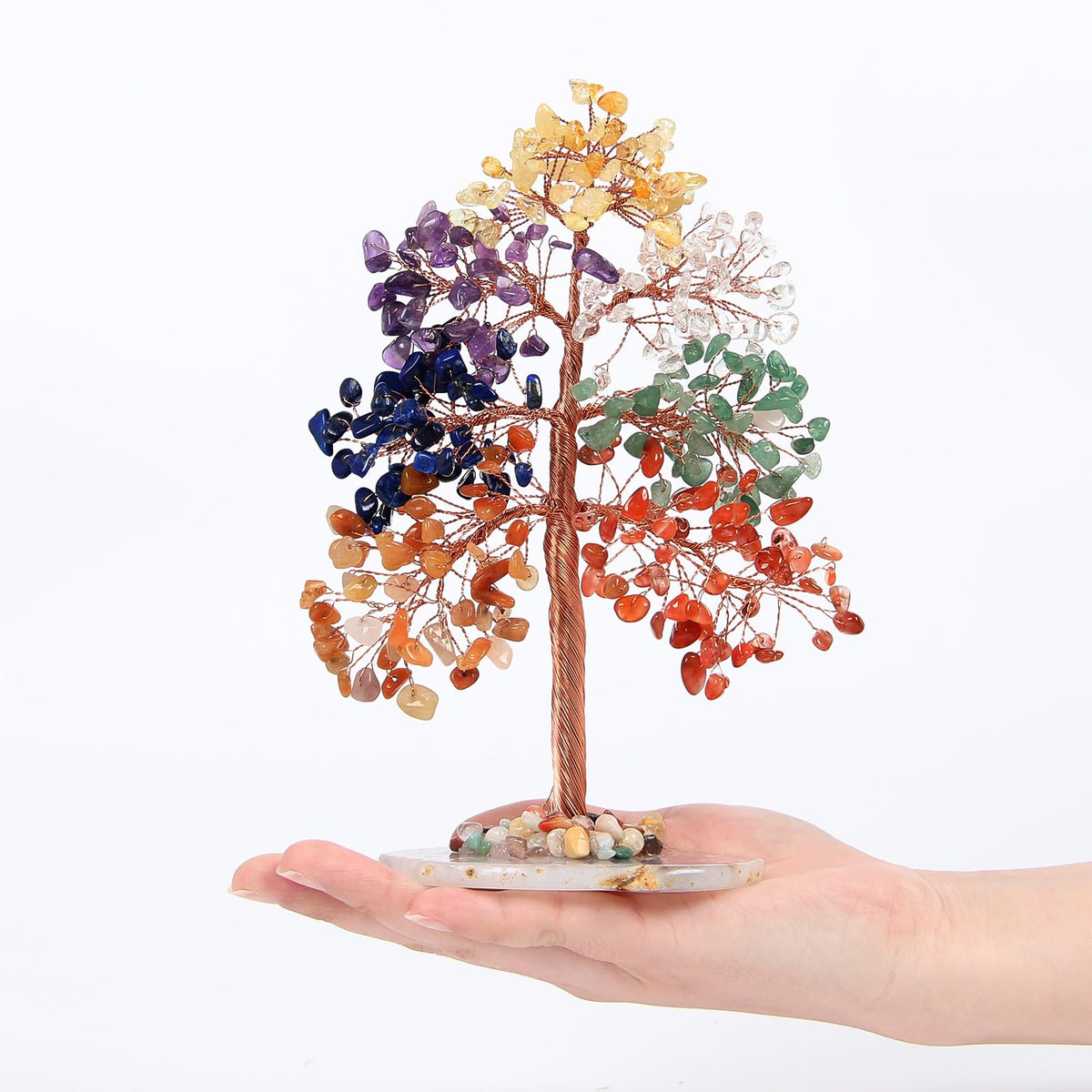 7 Chakra Healing Crystal Tree with Agate Slice Base- 8 Inch High Large Crystal Tree of Life for Home and Office Decor, Yoga, Meditation, Good Luck, Witchcraft, Positive Energy Handmade Birthday Gift