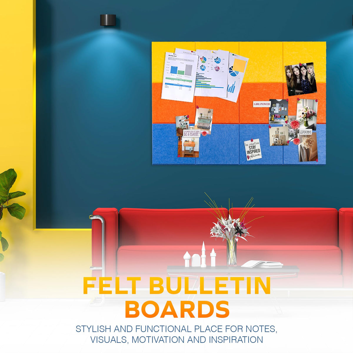 Bulletin Board 40x30in, 12 Count 9.8 x 9.8in Felt Wall Tiles with Removable Adhesive Tape, Cork Board Alternative for Walls, Wall Decor, Kids Art Display, Kids Room (Primary Collection)