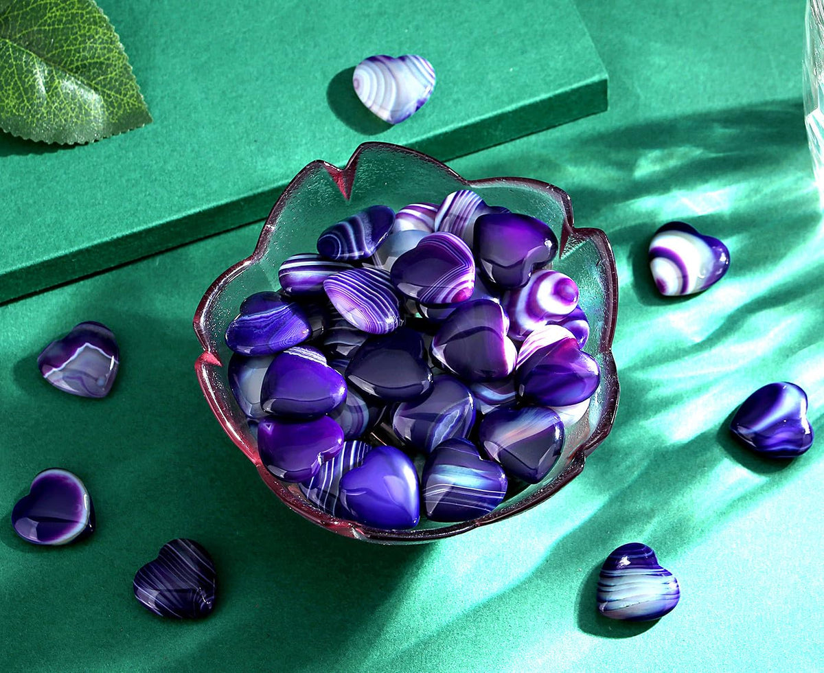 QINJIEJIE 20PCS Purple Agate Heart Stones Crystals Bulk Love Shaped Worry Stone Heart Rock Pocket Polished Palm Gems Crystal Reiki Balancing Wholesale Carved Stone Decor Gift
