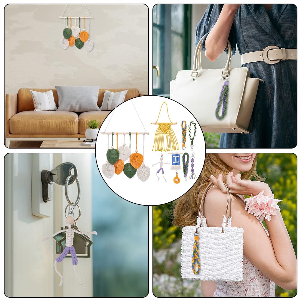 INFUNLY 9 Sets DIY Macrame Kit for Adults Beginners Boho Macrame Wristlet Keychain Kit Macrame Leaves Wall Hanging Ornament Kit with Instruction for Beginners Car Key Charm Women Gift Phone Bedroom