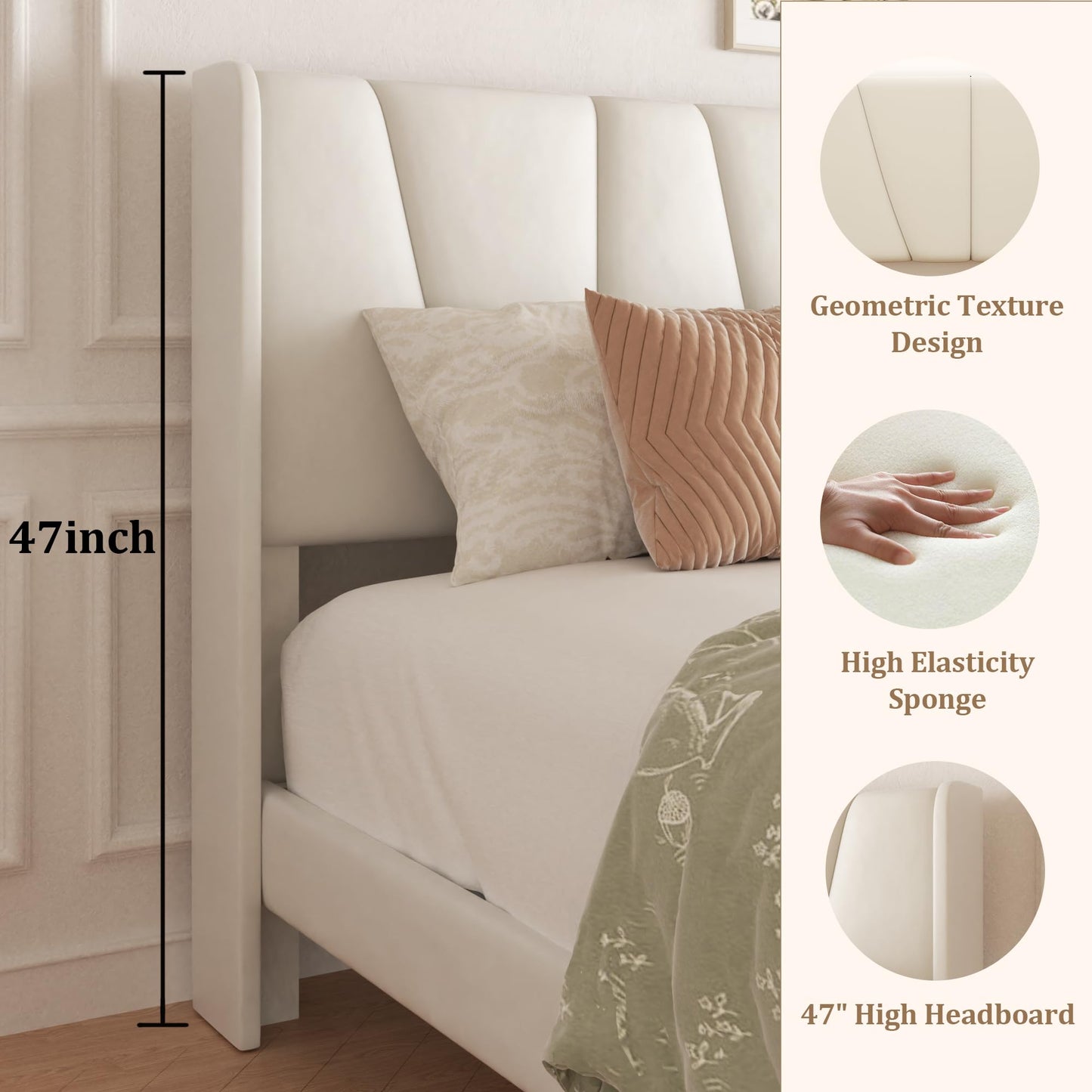 viplov King Bed Frame with Storage Drawers, Velvet Upholstered Platform Bed with 47" Tall Headboard and Wingboard, No Box Spring Needed, No Noise, Easy Assembly, Wooden Support Slats, Beige
