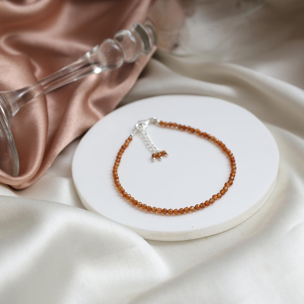 Gempires Hessonite Garnet Bracelet for Women | Dainty Gemstone Beaded Bracelet 2.5 mm | Handmade Stacking Bracelet | Adjustable Lightweight Minimalist Jewelry | Brown Orange Crystal Gift for Her