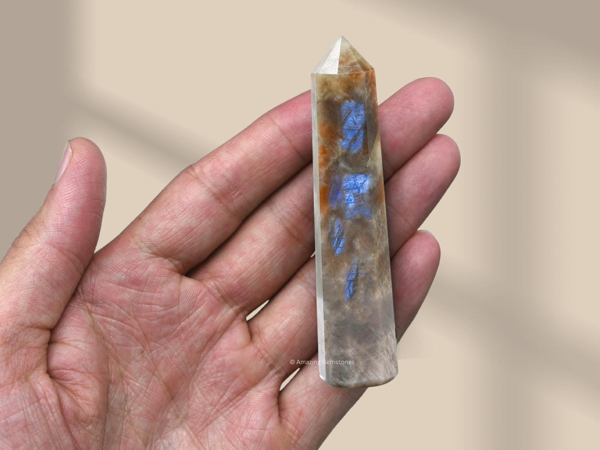 Amazing Gemstone Sun Moonstone Crystal Towers - Natural Healing Crystal Point Obelisk for Reiki Healing and Crystal Grid (3" to 4" INCH)