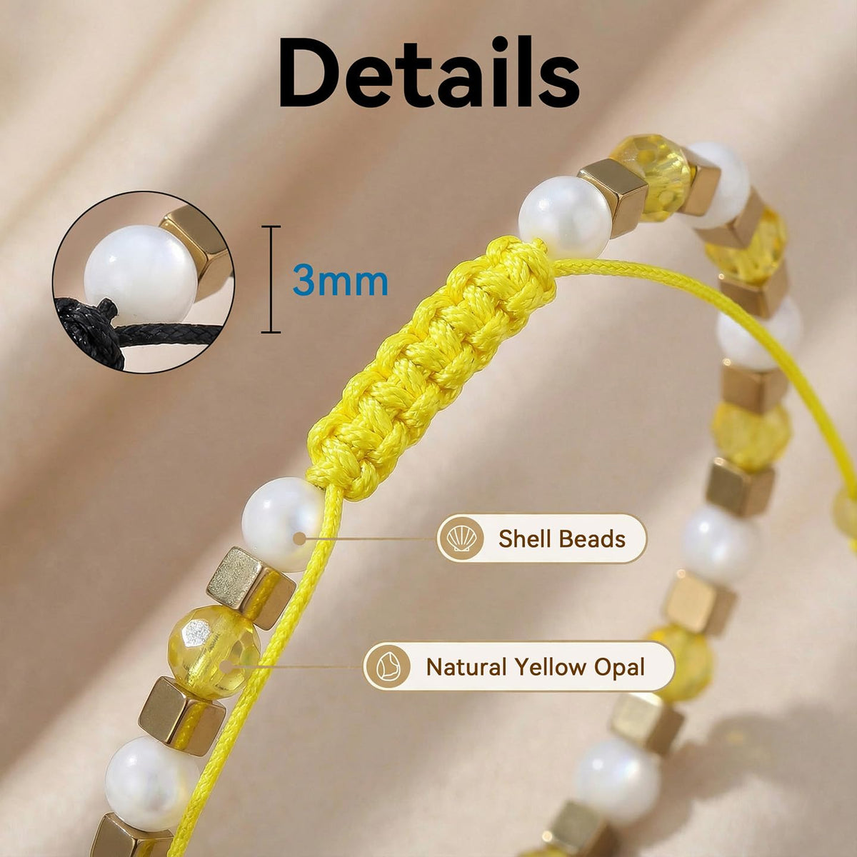 BEADSENER Yellow Opal Adjustable Charming Bracelet for Women, 3mm Natural Shell Gemstone Hematite Stone Beads, Pull String Slider Metal Free Design Waterproof, Gift for Her Daily Wear