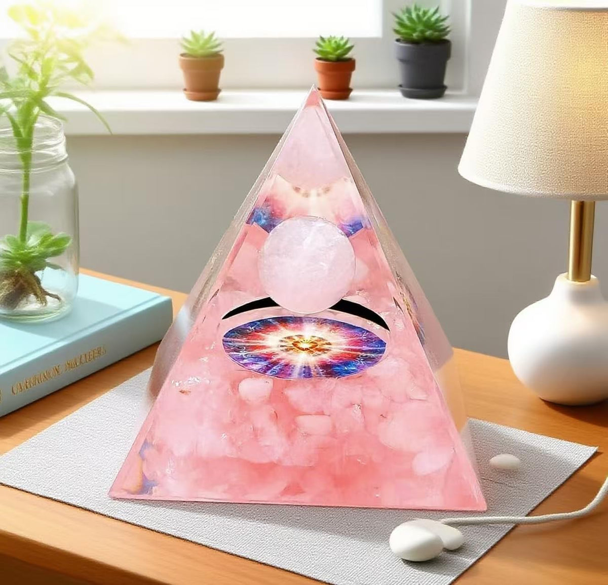 ycyingcheng Moonstone Crystal Orgone Pyramid Ogan Crystal Energy Tower, Nature Reiki Chakra Crushed Stone Jewelry, Crystal Pyramid for Home Decor (Pink Quartz)
