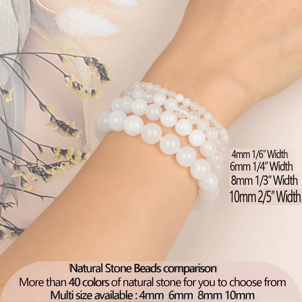 LPBeads Handmade Natural Gemstone Stretch Elastic 4m White Jade Bracelet Healing Crystal Round Stone Beads Jewelry Gifts for Women Men