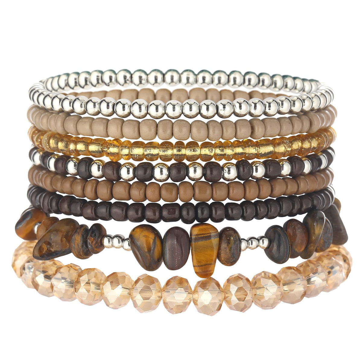 Noessla Boho Beaded Bracelets for Women Stackable Irregular Natural Stone Bead Stretch Bracelet Set 8PCS Costume Jewelry Gifts for Her(Brown)