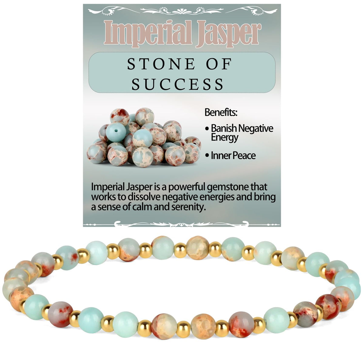 QOGIR Imperial Jasper - Stone of Success - 14K Gold Plated Beads Natural Gemstone Stretch Elastic Dainty Healing Beaded Bracelets Gifts 4mm