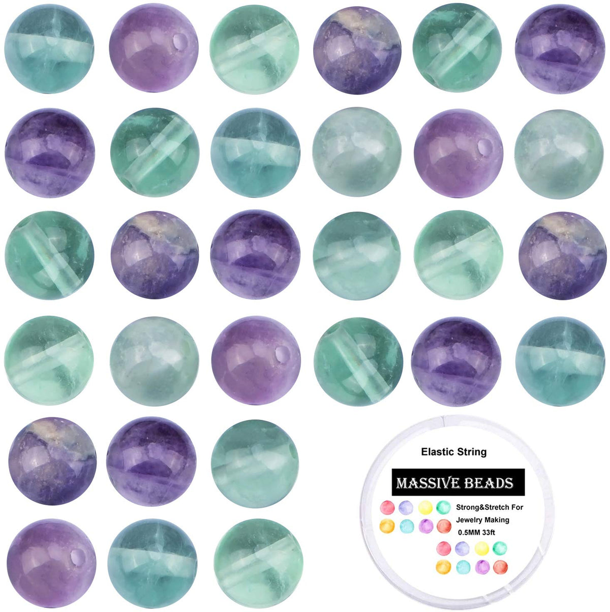80Pcs Natural Crystal Beads Stone Gemstone Round Loose Energy Healing Beads with Free Crystal Stretch Cord for Jewelry Making (Flourite, 10mm)