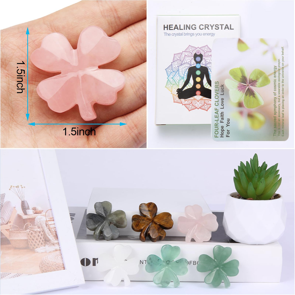 Hguxmcu Natural Rose Quartz Four Leaf Clover - Feng Shui Lucky Crystal for Love Positivity, Polished Healing Stone Decor, Birthday Gift for Her Gift for Women Men