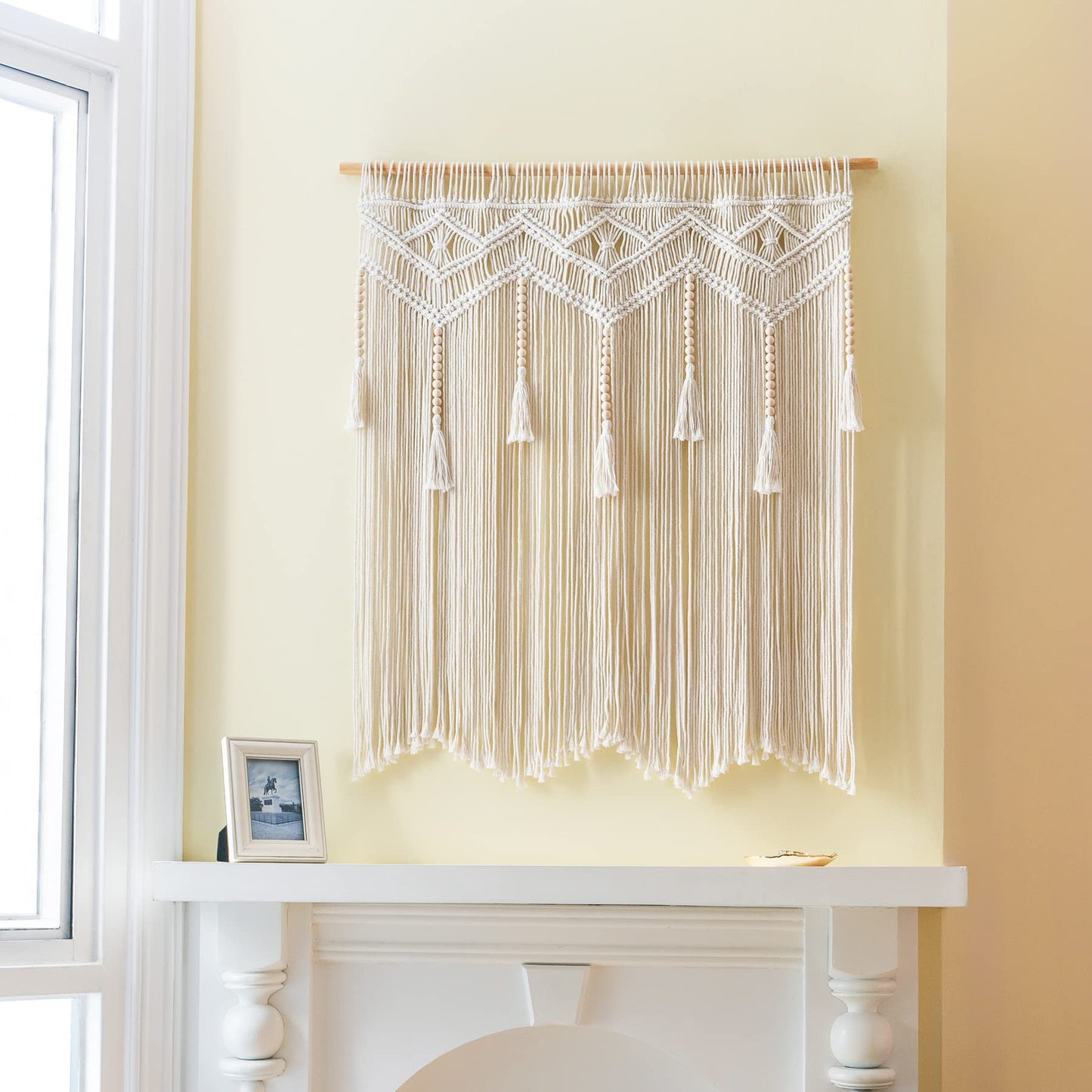 Mkono Macrame Wall Hanging Large Boho Decor Woven Wall Tapestry Chic Art Tassel Christmas Decoration for Backdrop over Bed Bedroom Nursery Dorm Classroom, Including Hanging Rod, 33''W x 42''H
