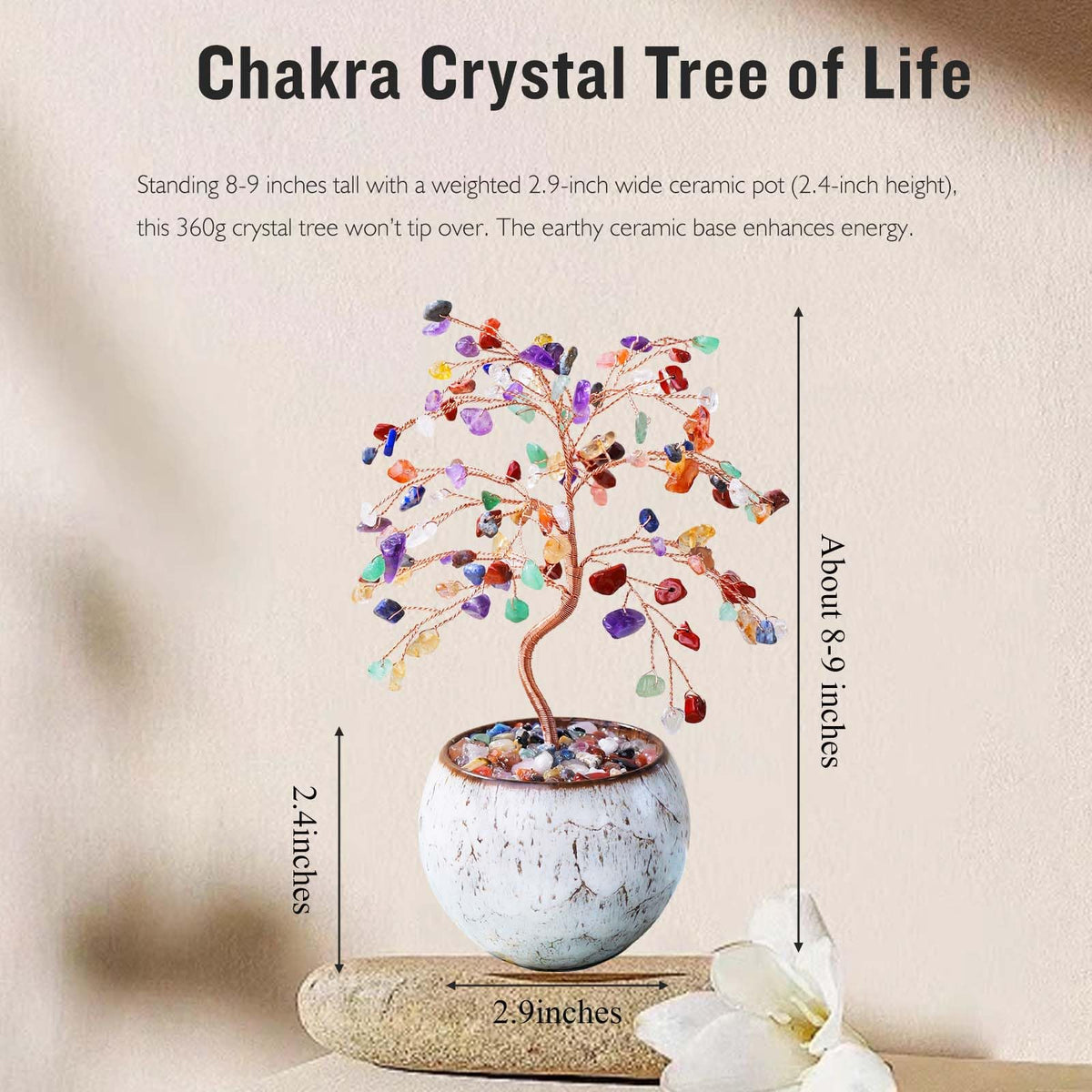 Runyangshi Chakra Crystal Tree of Life - 8" Large Natural Healing Crystal Tree, Bringing Money, Good Luck, Positive Energy for Home Decor, Feng Shui Gifts, Office Desk Ornament