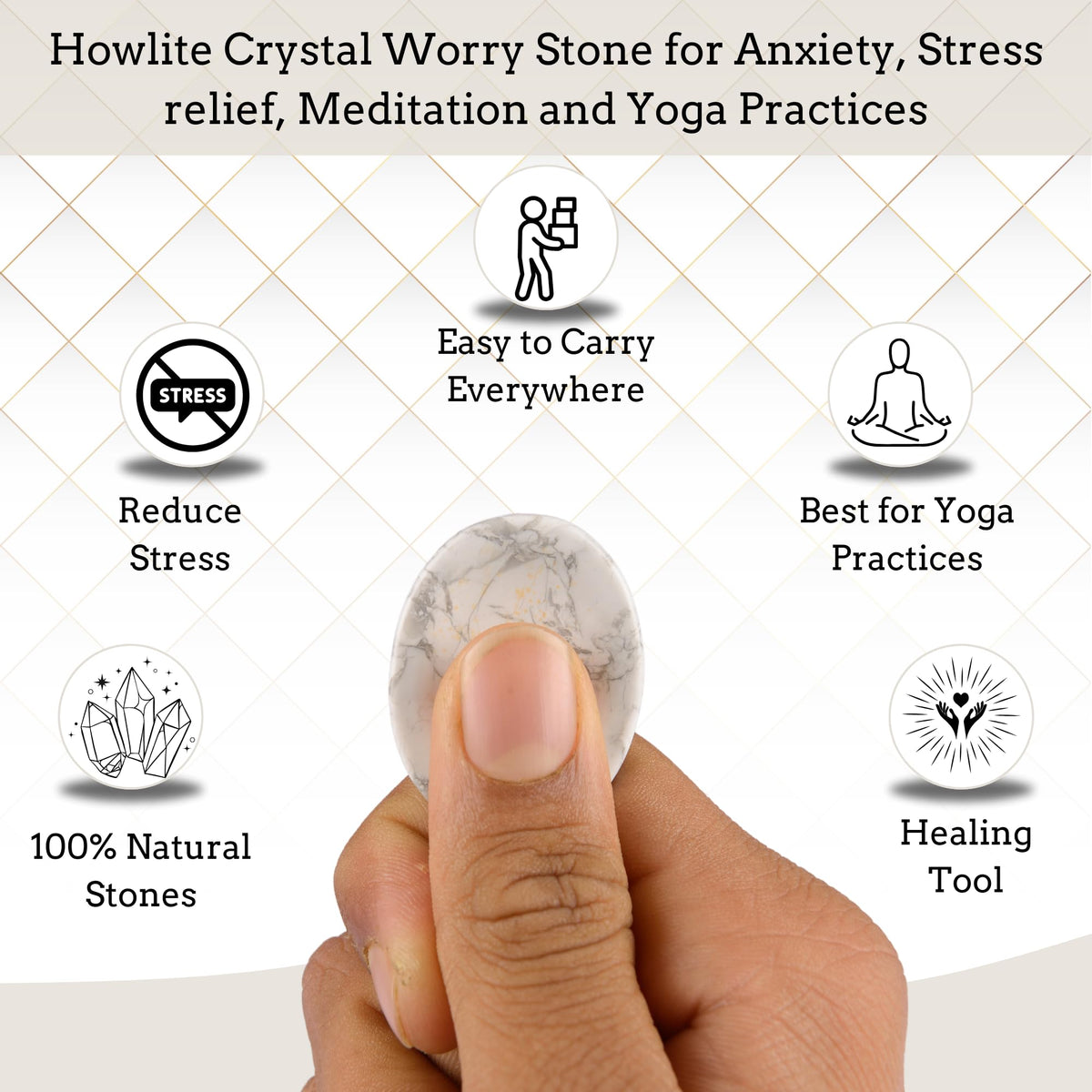 Anaya Agate Howlite Worry Stones Certified Crystal Thumb Worry Stone for Anguish, Relaxing and Soothing Balance Stones for Meditation, Stress Relief Crystals and Healing Stones for Men, Women