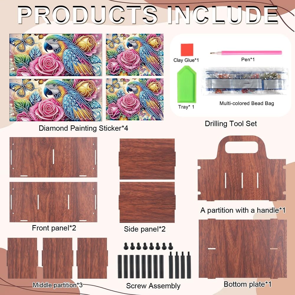 DIY Diamond Painting Storage Box Parrot and Rose Design, Diamond Art Wooden Organizer with Handle and 5 Compartments, Portable Desktop Craft Storage Basket for Art Supplies