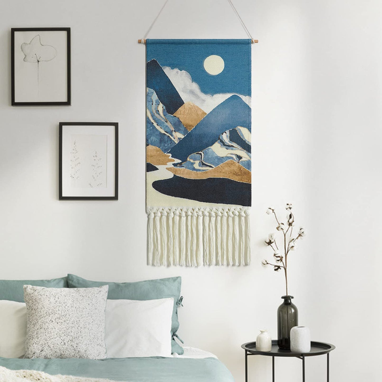 Alynsehom Macrame Woven Wall Hanging Tapestry Boho Wall Art Moon Mountain Chic Home Decor Bohemian Aztec Apartment Dorm Room Backdrop Decoration (Blue)