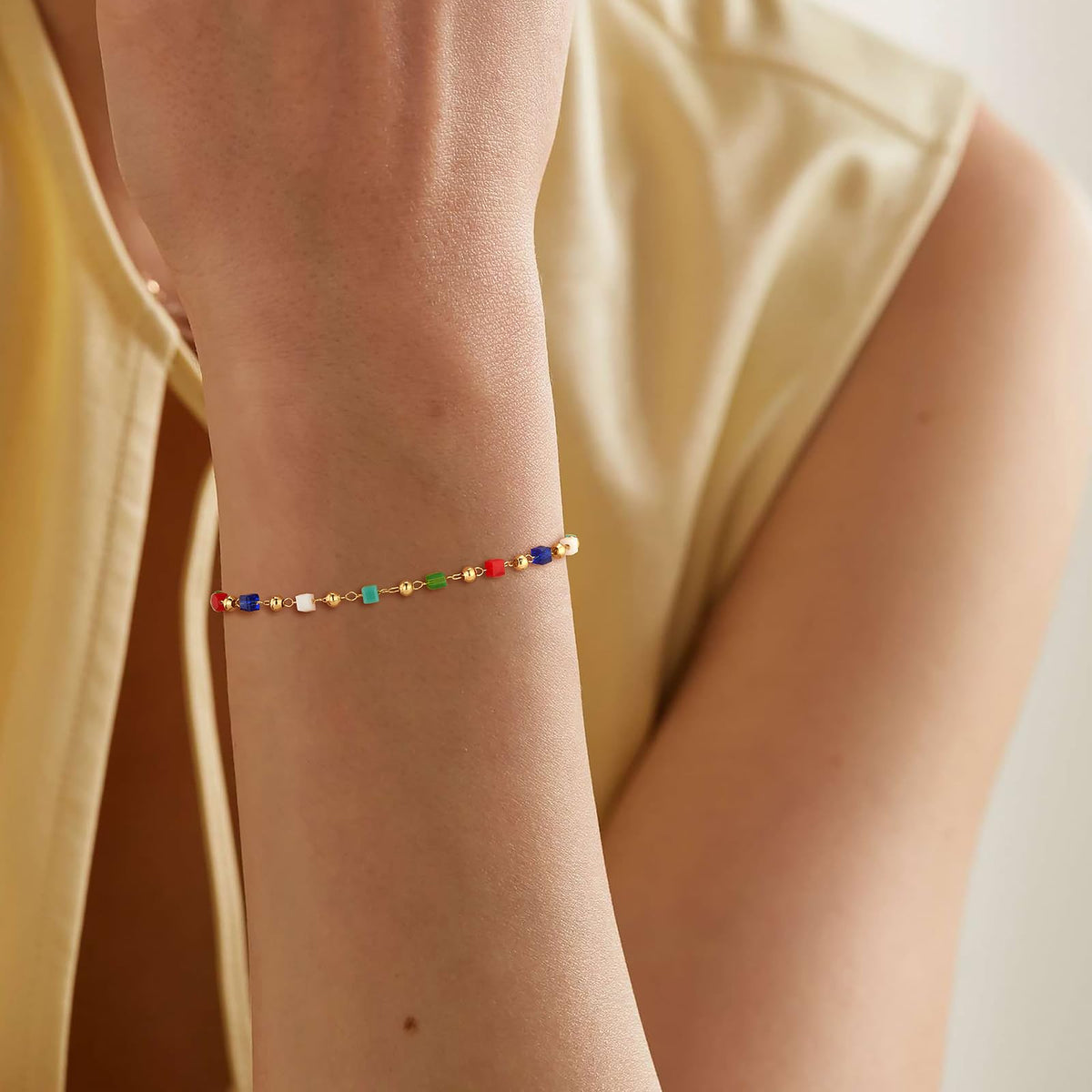 MEVECCO Gold Bracelet for Women 18K Gold Plated Colorful Square Crystal Stone Custom Handmade Mixed Beaded Charm Chain Bracelet Stack Jewelry Gifts
