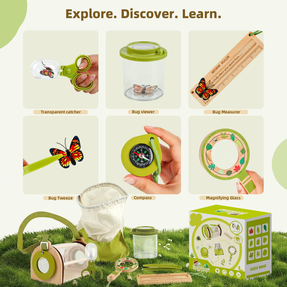 Wooden Bug Catcher Kit for Kids, Bug Catching & Insect Explorer Set with Butterfly Net, Magnifying Glass, Bug Container, Nature Exploration Outdoor Adventure Toy, Camping Gifts for Boys Girls Age 3-12