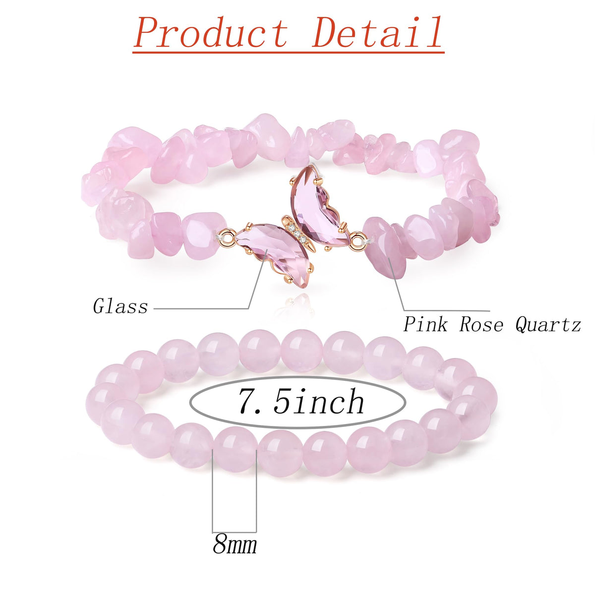 DUQGUHO 2Pcs Rose Quartz Butterfly Bracelets for Women, Pink, Cute Butterfly Charm, Healing Crystals, Crystal Gifts