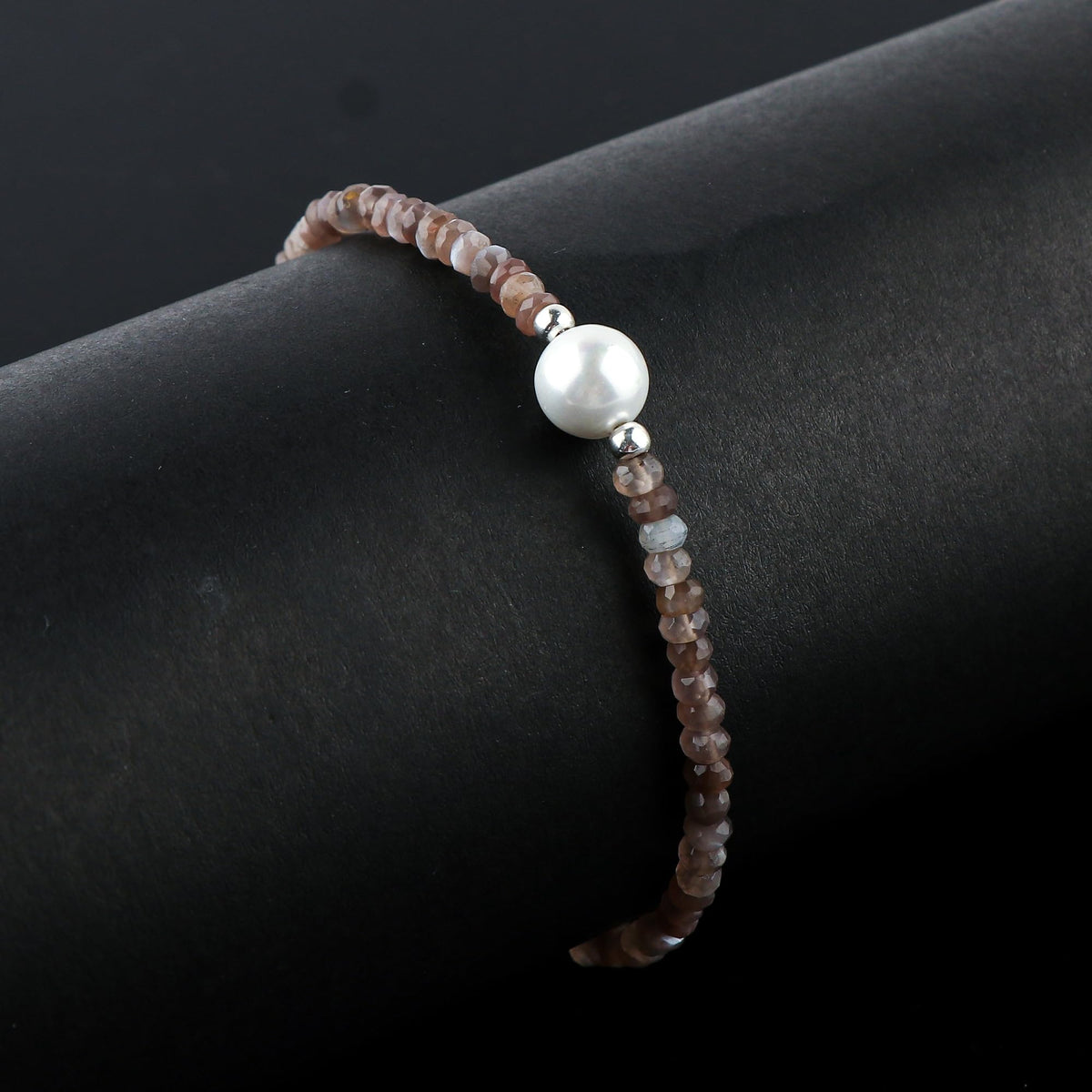 CRYSTALINES Natural Grey Moonstone Gemstones Beads Bolo Bracelets with Pearl, Handmade, Beaded Bracelet, Real Crystals Jewelry, Women Bracelet, Silver Plated Adjustable Chain 6+4inch, A Grade