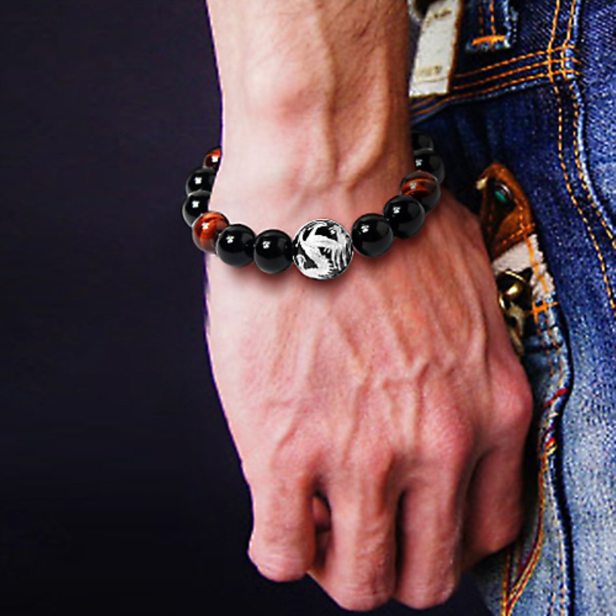 Merdia Men's Tiger Eye Stone Elastic Bead Bracelet with Loong Pattern Bead | Mens Jewelry | Loong Bracelet for Men | Mens Bracelet | Beaded Bracelet | Tiger Eye Bracelet Men | Crystal Bracelet