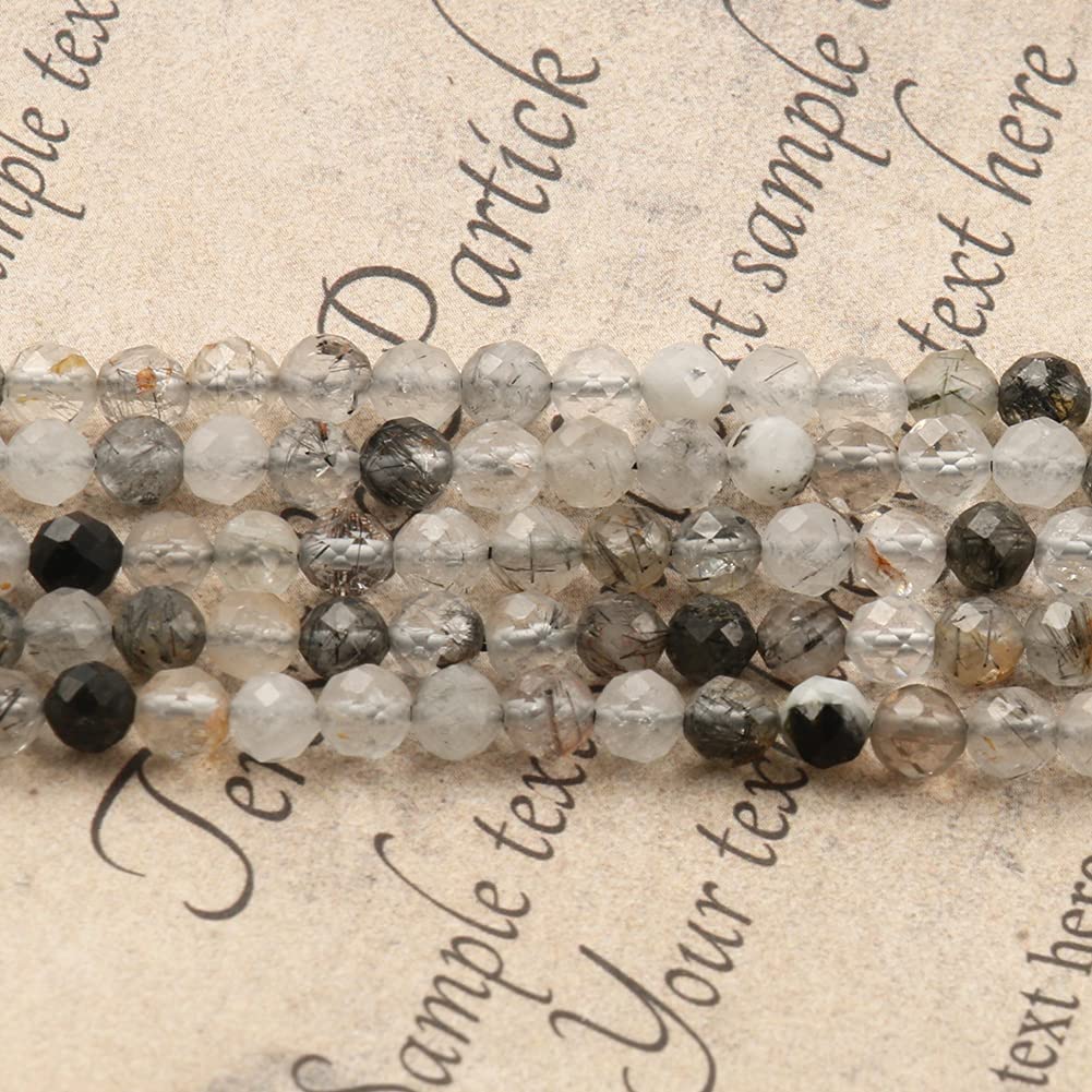 Song Xi 180pcs 2mm Natural Black Rutilated Quartz Gemstone Beads Faceted Round Loose Stone Beads for Jewelry Making (1 Strand)