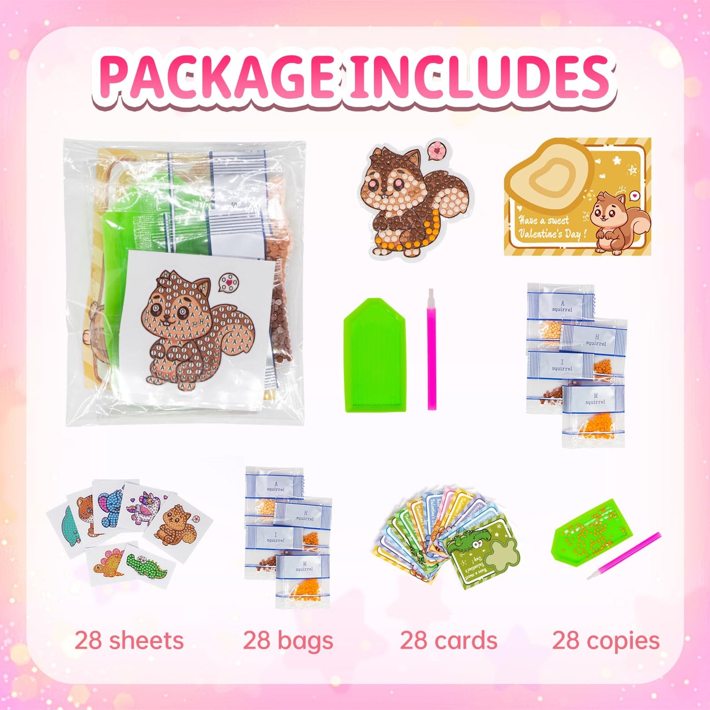 VOOADA Valentines Day Cards for Kids,Perfect 28 Pack Animal Buddies Painting Arts Crafts Kits for Kids School Classroom Birthday Party, Diamond Art Stickers Party Favors Packs for Boys Girls Gift