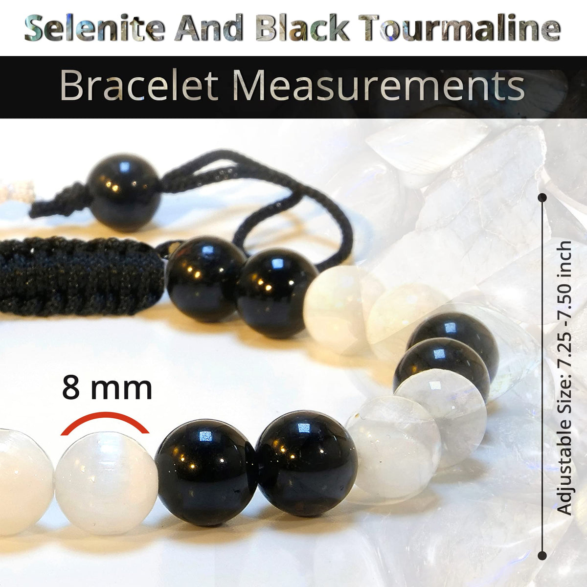 ANAYA AGATE Healing Crystal Bracelet – Chic Gemstone Bracelet for Men and Women – 8mm Round Bead Bracelets for Spiritual Healing, Protection, Positive Energy - Selenite Black Tourmaline