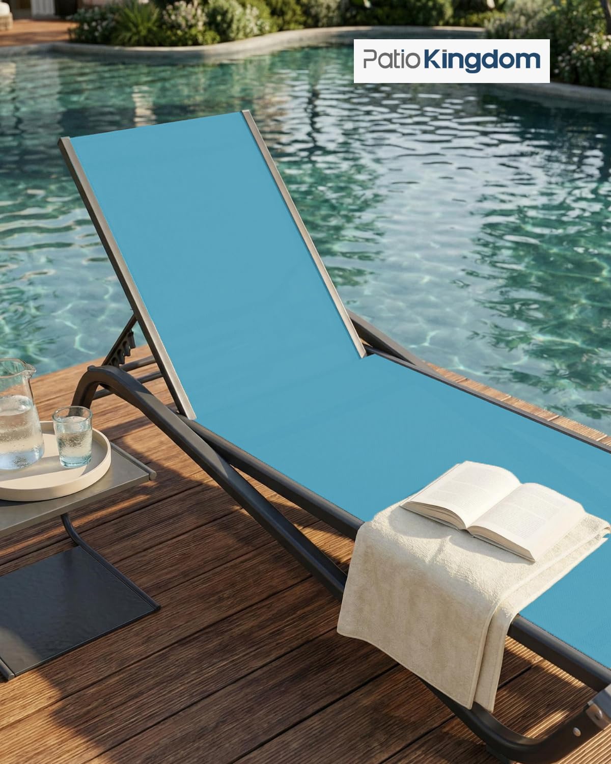Patio Kingdom 3-Piece Patio Chaise Lounge Set with Side Table, Set of 2 Adjustable Pool Chairs and Aluminum Bistro Table, All-Weather Outdoor Furniture for Pool Deck, Patio & Tanning, Sky Blue