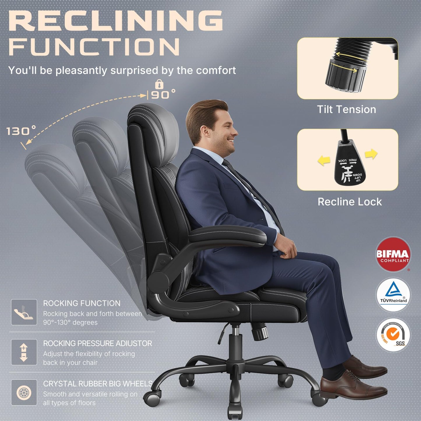 Office Chair-Executive High Back Breathable Comfy Desk Chair with Flip-up Armrests Lumbar Support-Ergonomic Leather Rolling Swivel Chair with Rock Function for Working,2 Pack