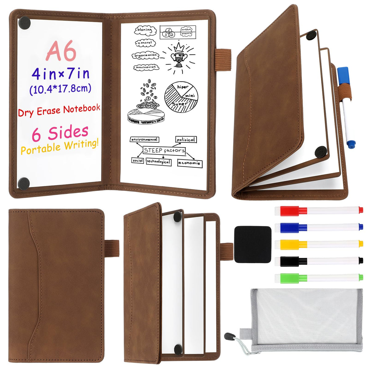 Feifeiya 6 Sides Dry Erase Whiteboard Notebook Portable Notebook White Boards 4"x7"(a6) Mini Folding Whiteboard Anti-ghosting Surface, Travel Dry Erase Mini White Board for Office, School, Study