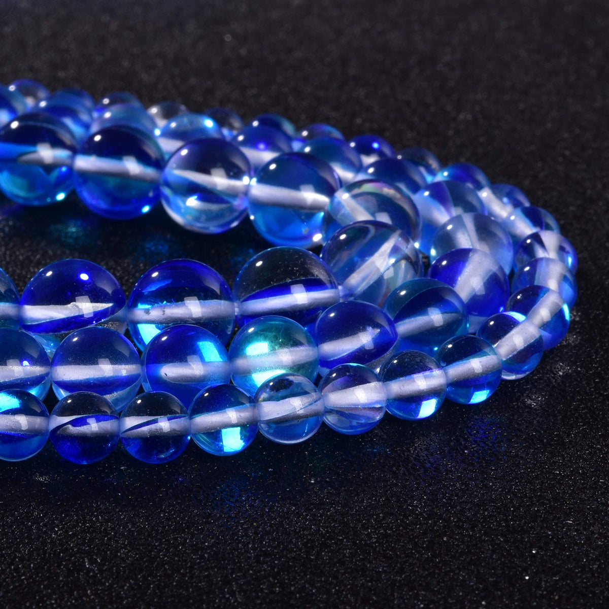 Asingeloo 38PCS 10mm Blue Angel Aura Quartz Round Gemstone Polished Mermaid Aura Moonstone Smooth Stone Loose Beads Crystal Quartz for DIY Jewelry Making 1 Strand 15'