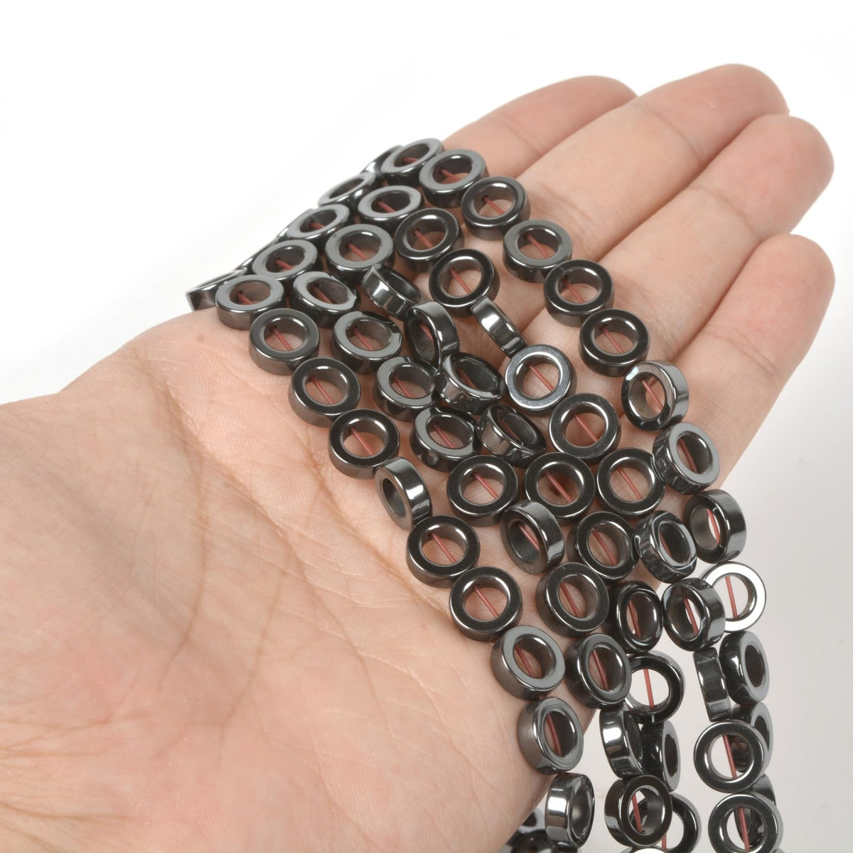Natural 10mm Hematite Hollow Circle Flat Round Ring Shape Donut Beads Strand 16 Inch for Jewelry Making