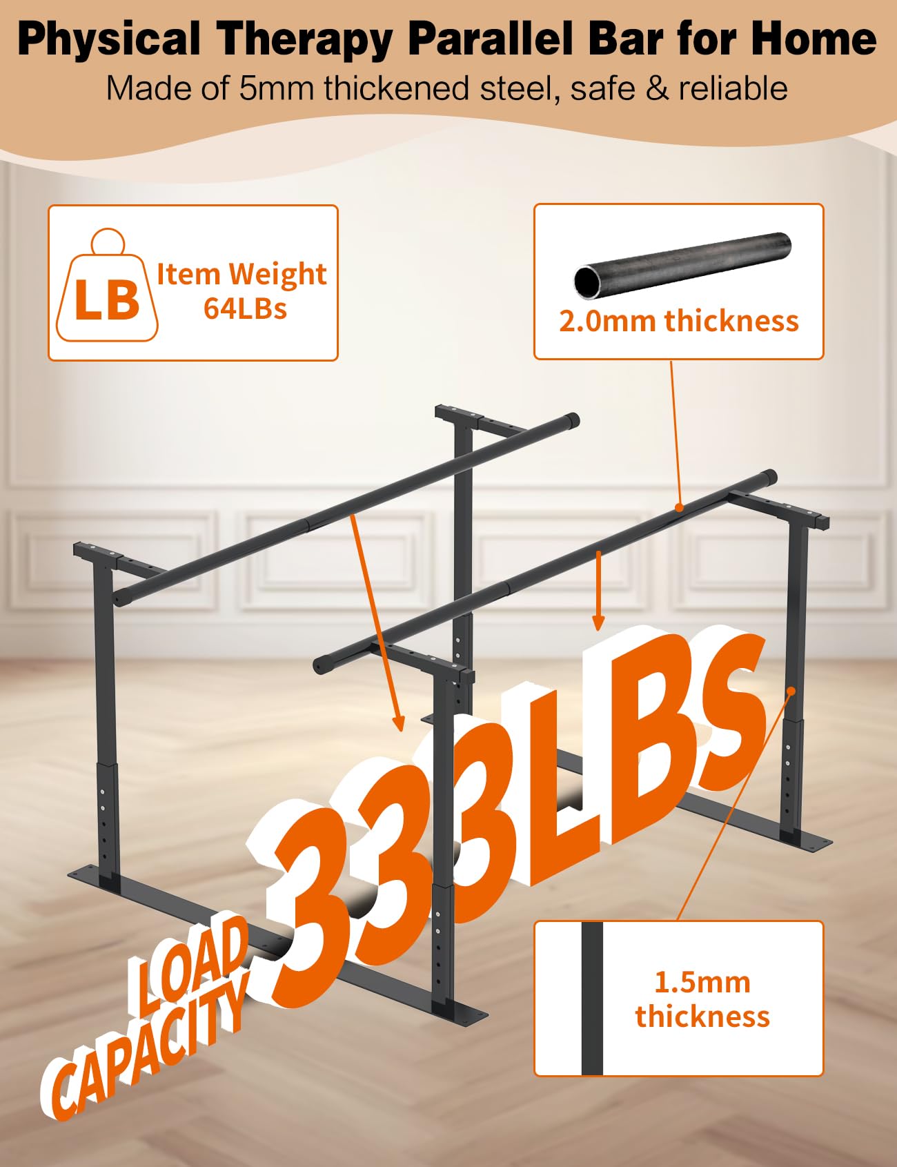 YEEZOO Parallel Bars for Physical Therapy 6FT, Adjustable Height & Width Walking Assist bar for Rehabilitation & Walking Balance Issues(6ft/183cm)
