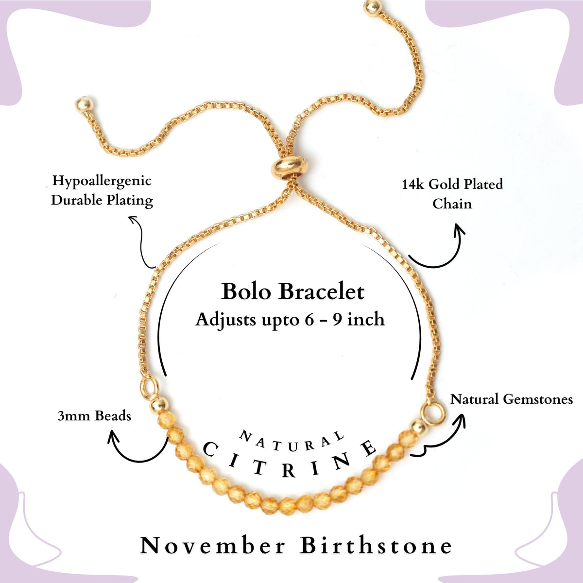 Gempires Birthstone Beaded Bracelet, Citrine Beads Bracelet, November Birthstone Jewelry, Bolo Bracelet, Gift for Her, 14k Gold Plated Chain (6-9 inch Adjustable Length)