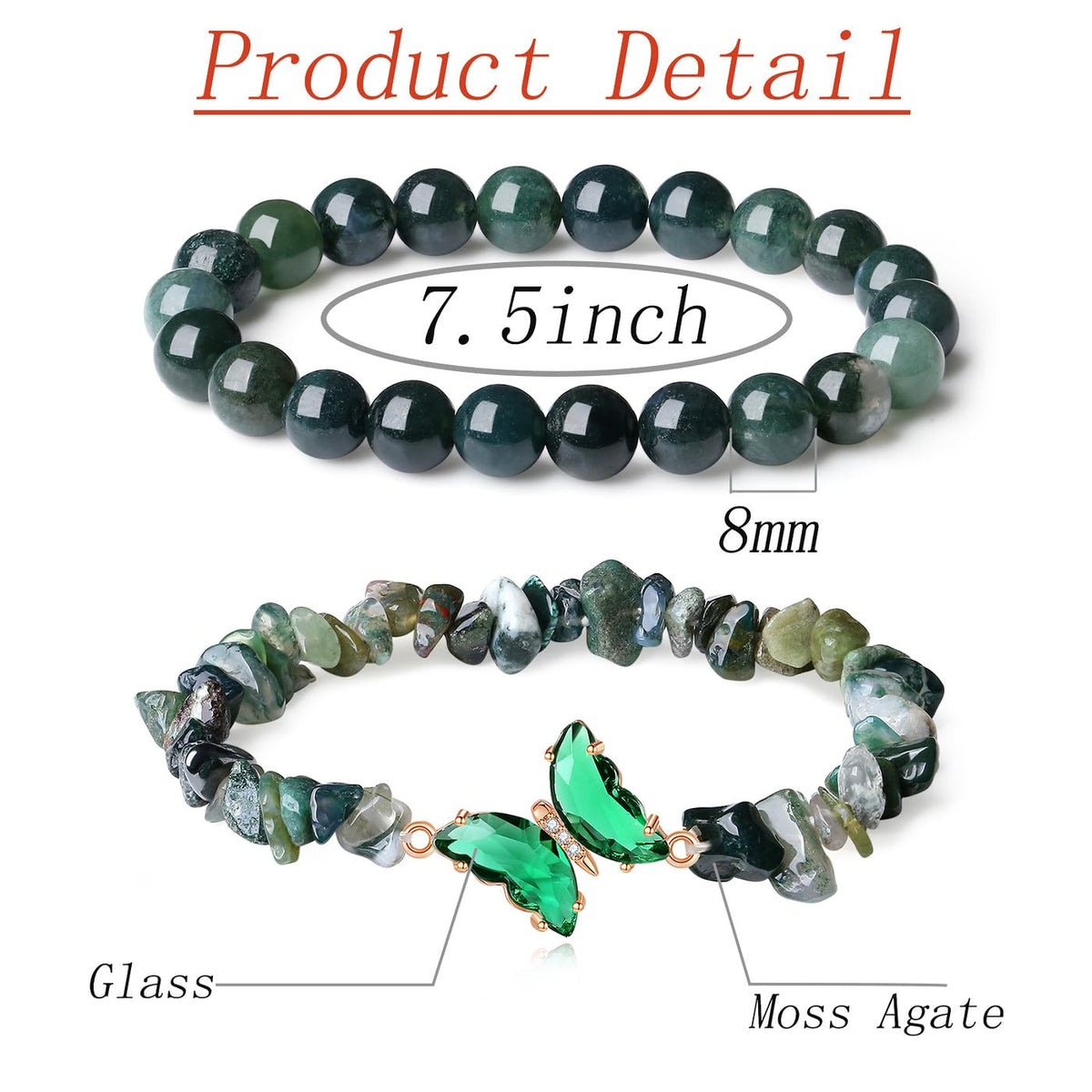 DUQGUHO 2Pcs Butterfly Bracelets for Women Moss Agate Bracelets Green Healing Crystal Bracelet Natural Gemstone Stretchable Jewelry 8mm Beaded Bracelet Gifts for Women