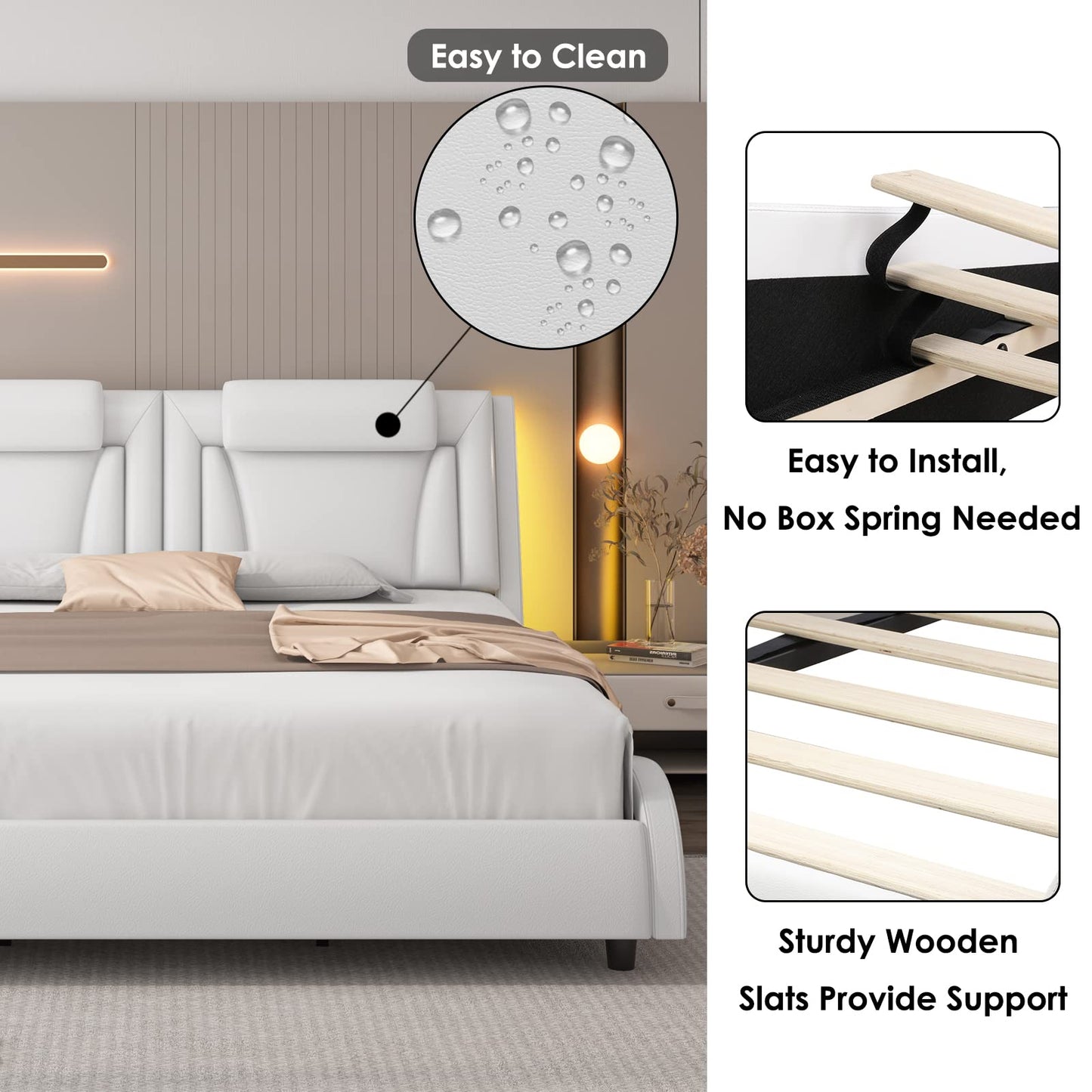 Keyluv King Size LED Bed Frame with Adjustable Headboard & Removable Pillow, PU Leather Upholstered Platform Bed, Wave-Like Curve Safety Design, Solid Wooden Slats Support, Easy Assembly, White