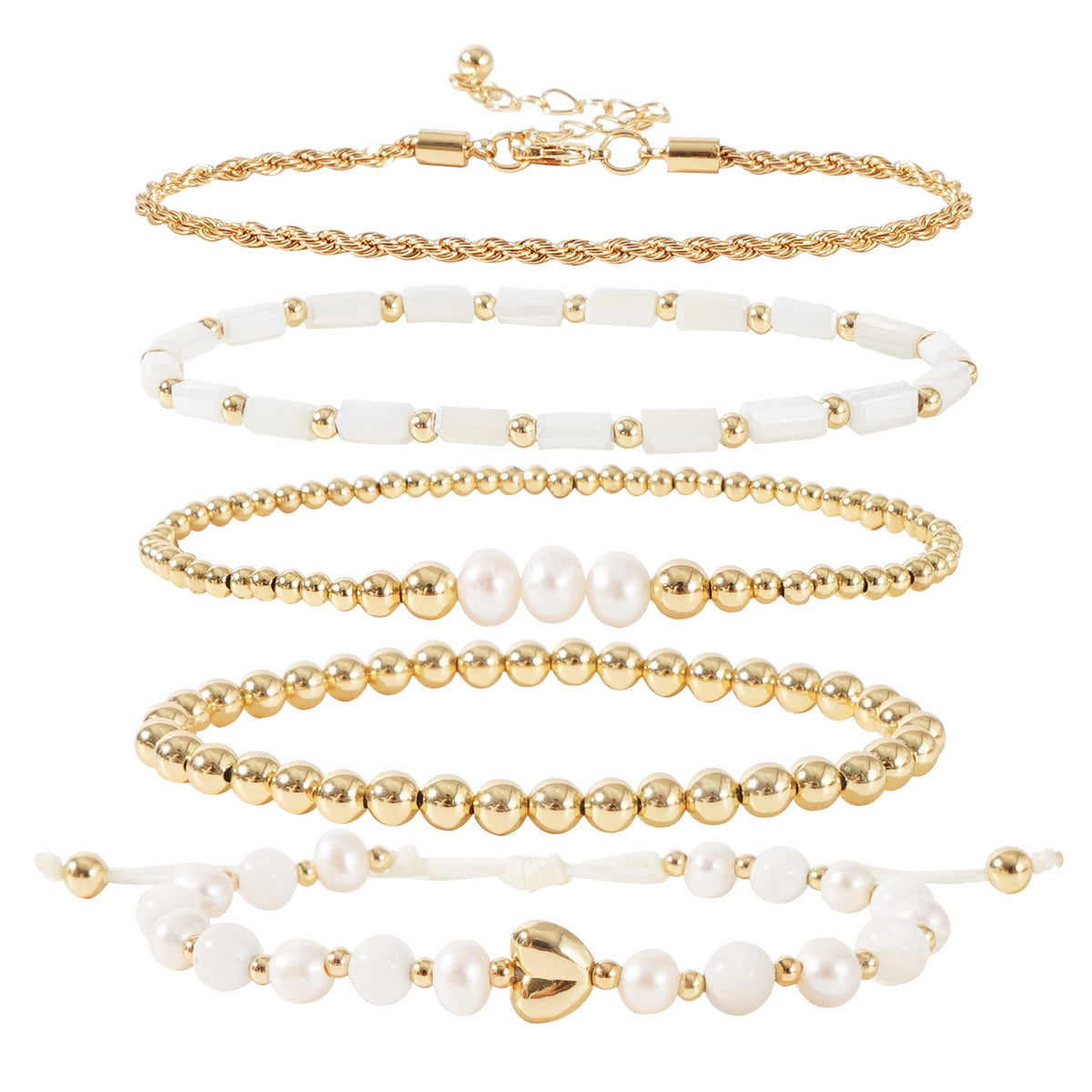 GOOJIDS Tiny Pearl Gold Plated Heart Beaded Bracelets For Women Dainty Gold Plated Pearls Stack Layered Beads Bracelet set for MAMA Birthday