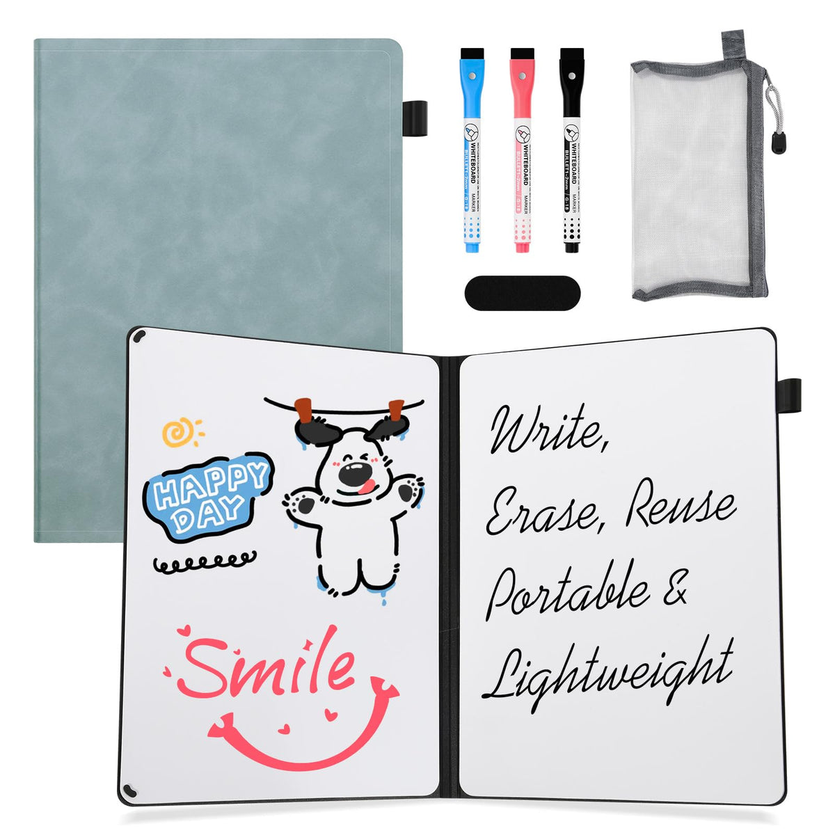 AGM Portable White Board Dry Erase Notebook, 12" x 9" Double Sided Folding Whiteboards with 3 Pens, Small Travel Dry Erase Board Skin-friendly Material for Study, Meeting, Planning, Ocean Blue