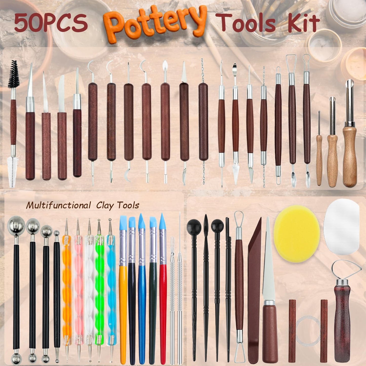 OMTRS 50PCS Clay Sculpting Tools Kit with Storage Bag, Pottery Sculpting Tools for Adult Beginners, Clay Modeling Tool Carving Kit for Pottery, Dotting, Molding, Shaping, Detailing (Redwood)
