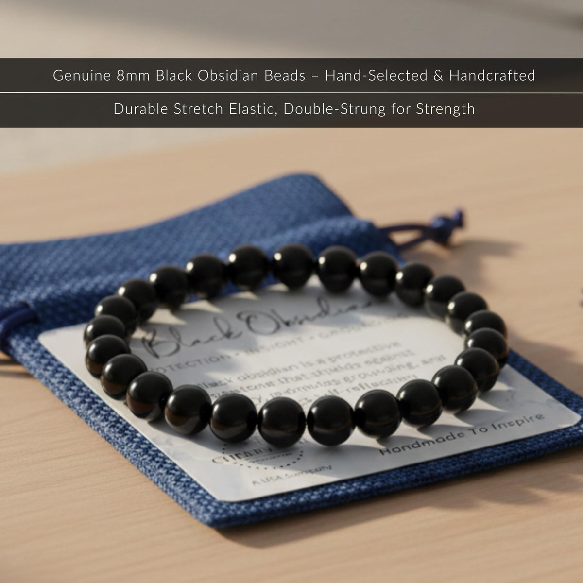 Cherry Tree Collection - Handmade Crystal Beaded Stretch Bracelets For Women and Men - Small, Medium, Large Sizes - Healing Properties Card - 8mm Round Beads (Black Obsidian - Medium)