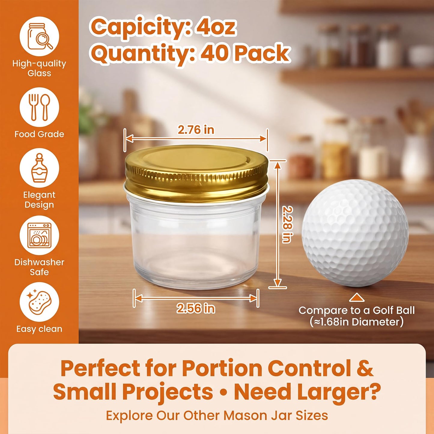 QAPPDA 4oz Glass Jars With Lids,Small Mason Jars Wide Mouth,Mini Canning Jars With Gold Lids For Honey,Jam,Jelly,Wedding Favor,Shower Favors,Spice Jars For Kitchen Storage & Home,Set of 40