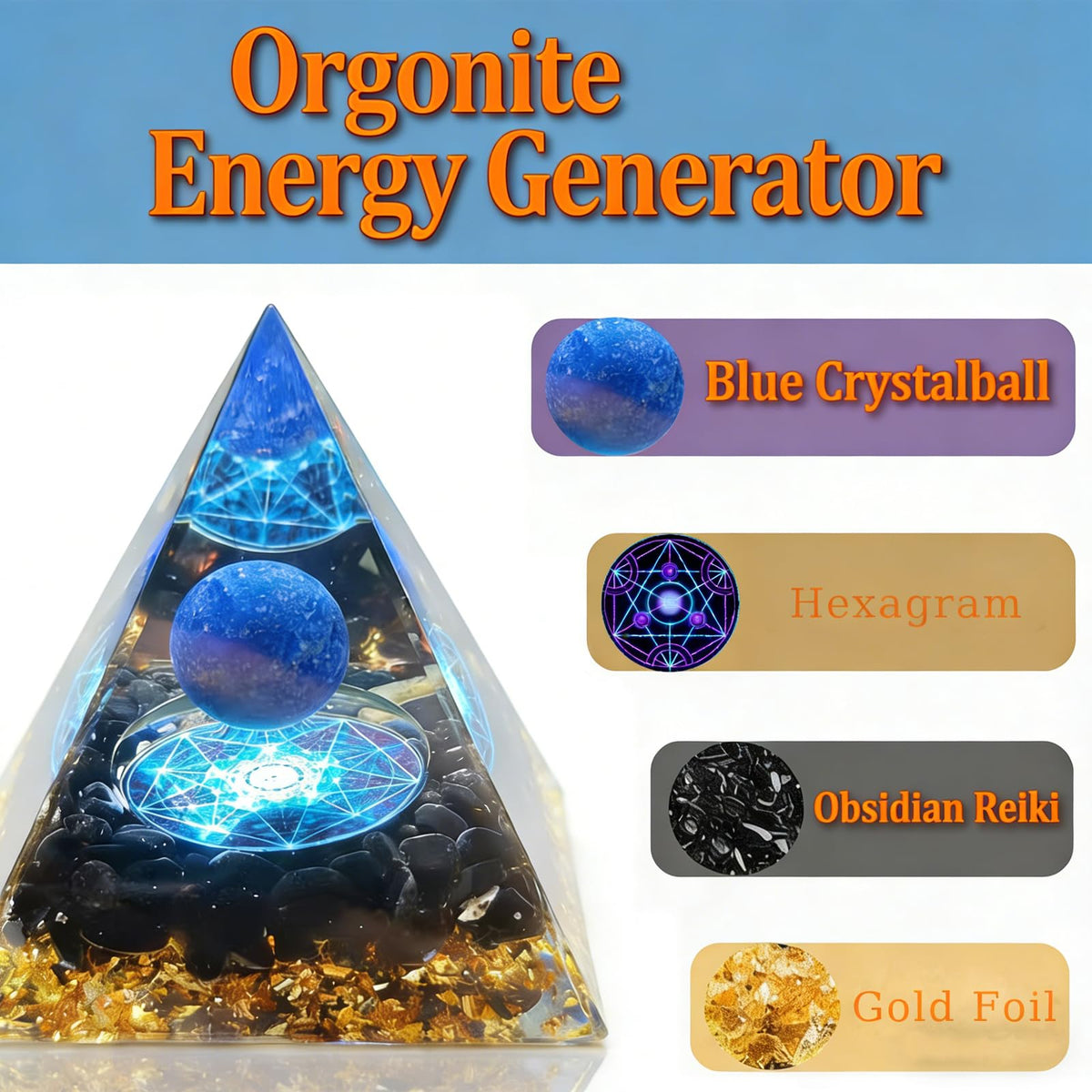 Orgone Pyramid, Small Healing Crystal Pyramid Porstive Energy Generator, for Reduce Stress, Balance Chakra, Meditation, Attract Luck, Accumulate Wealth&Health (Blue)