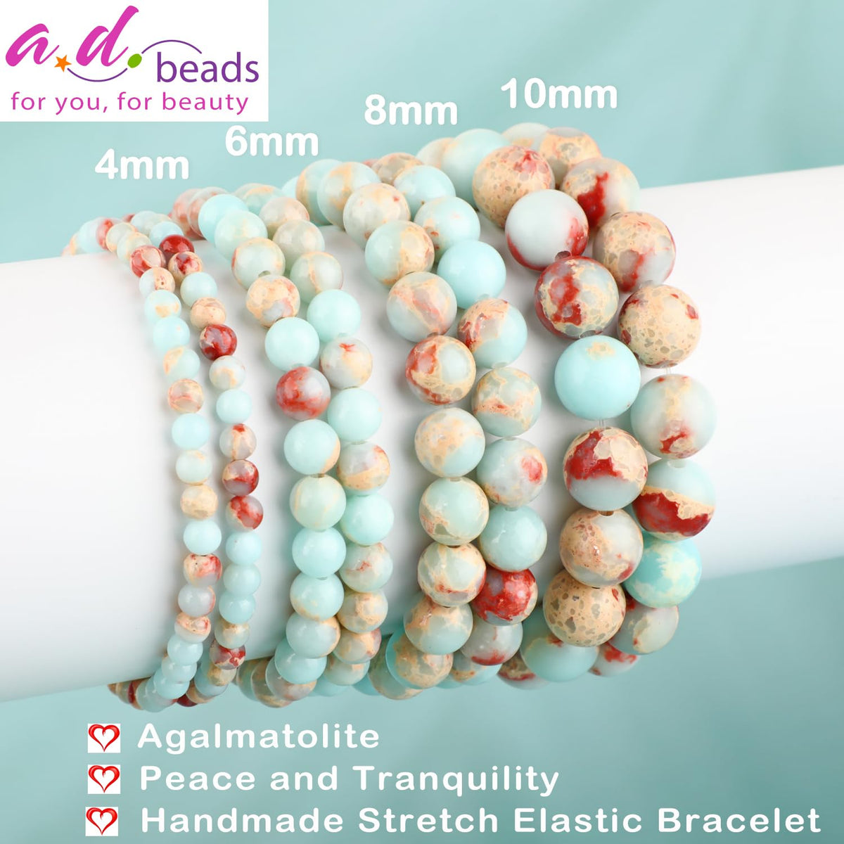 AD Beads 10mm Handmade Agalmatolite Elastic Bracelet – Natural Gemstone for Peace and Tranquility – Meditation, Yoga, Healing and Energy Gift for Men Women
