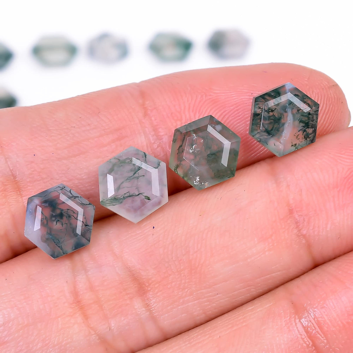 4pcs, 8x8x4mm Natural Moss Agate Hexagon Shape-Flat Step Cut Gemstone Wholesale Lot, Jewelry Making Loose Gemstone, Polished Minerals, DIY, Wire Wrapping, Healing Crystals, Bulk Gemstone Deal