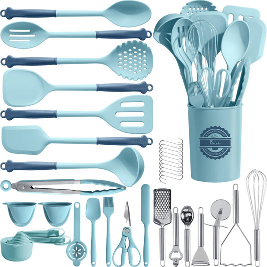 Kikcoin 43Pcs Large Kitchen Utensils Set - Silicone Cooking Utensils Set, Dishwasher Safe Spatula Set for Non-stick Cookware, 446°F Heat Resistant Kitchen Utensils Set with Holder BPA Free, Blue