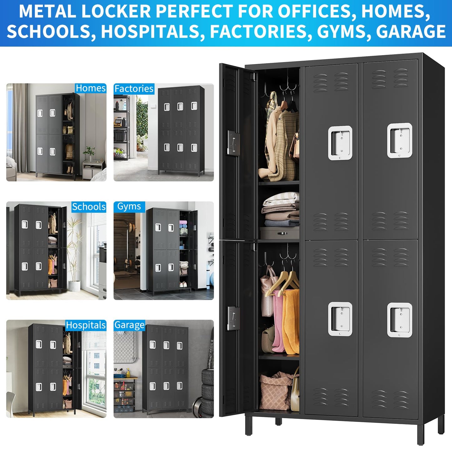 BouPower 72" Tall Metal Lockers for Employees with 12 Hooks and 9 Shelves, 6 Doors Office Storage Cabinet for Home, School, Gym, Office, Black